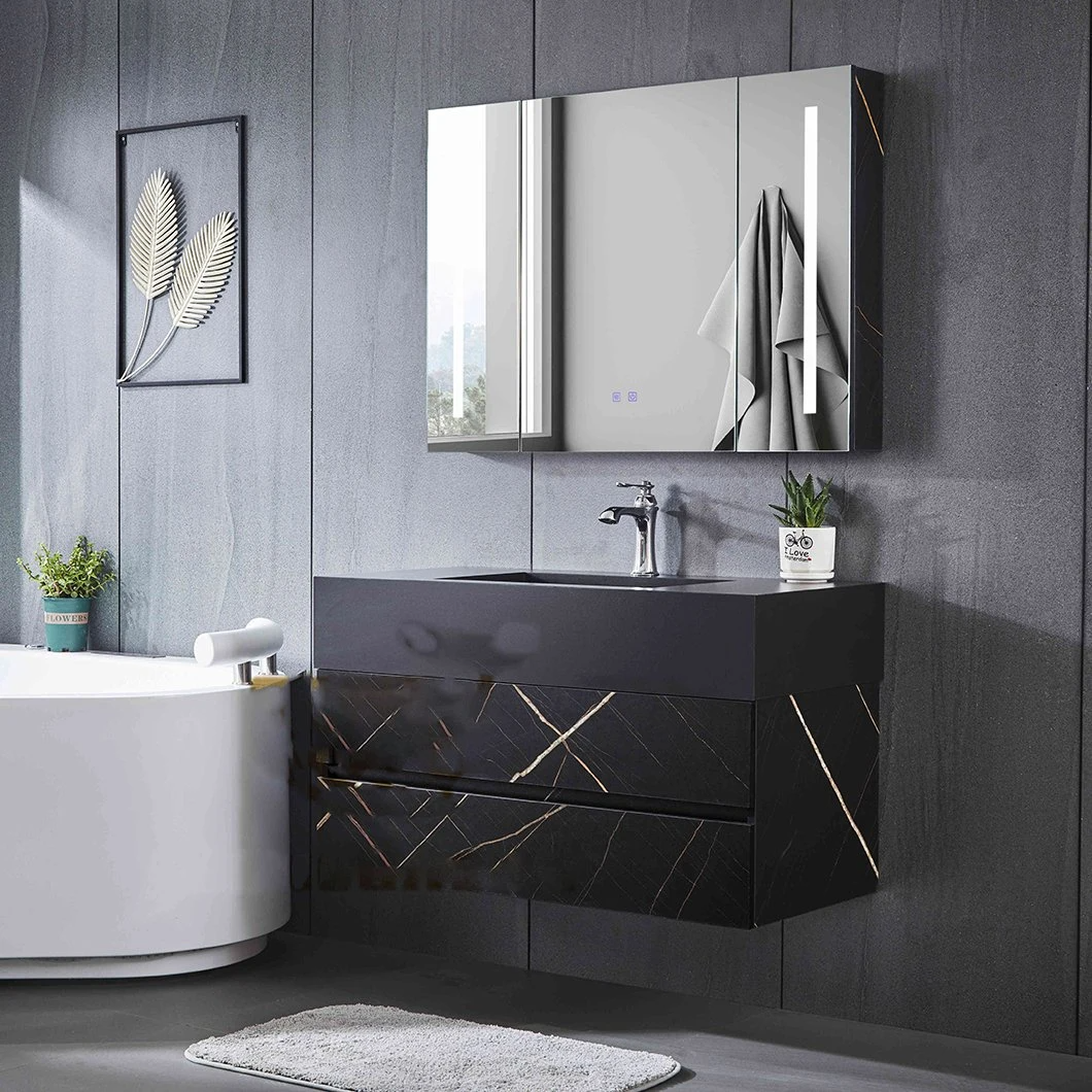 Moderná dubová kúpeľňa Vanity Hotel Black Jednoumývadlo Malá kúpeľňová skrinka s inteligentným zrkadlom