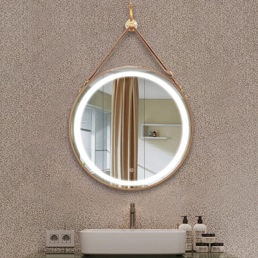 Vanity Okrúhle LED Kožený opasok Zrkadlo Závesné LED Inteligentné Zrkadlo Nástenné Zrkadlo Bytová dekorácia Bluetooth Zrkadlo na líčenie Kúpeľňové doplnky Nábytok do salónov